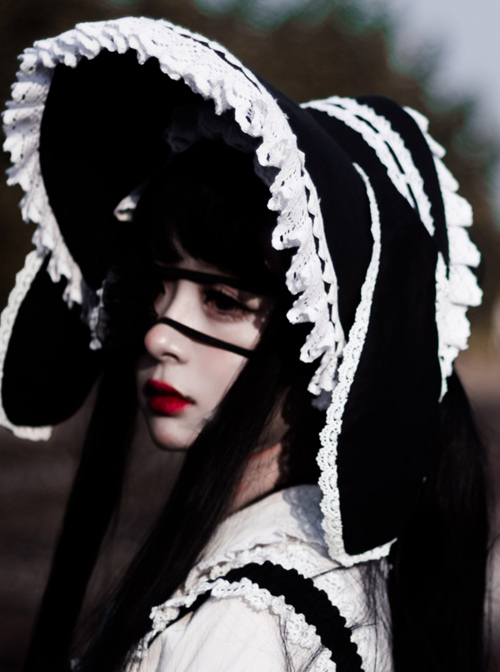 Lolitain White Lace Black Rabbit Ears Cute Gothic Lolita Bonnet