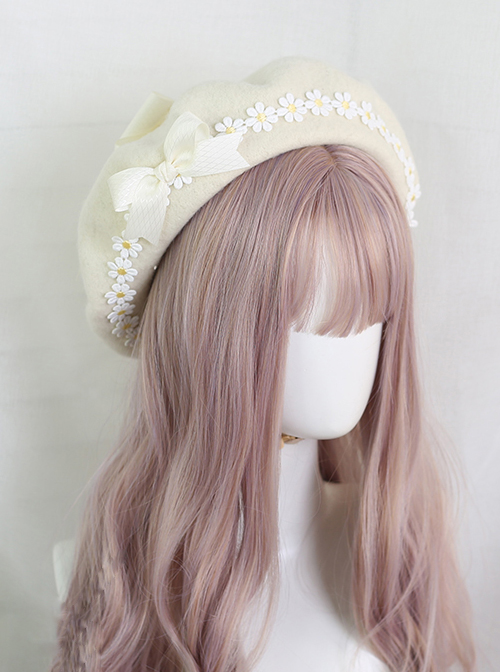Mori Style Daisy Lace Bowknot Beige Beret Classic Lolita Hat