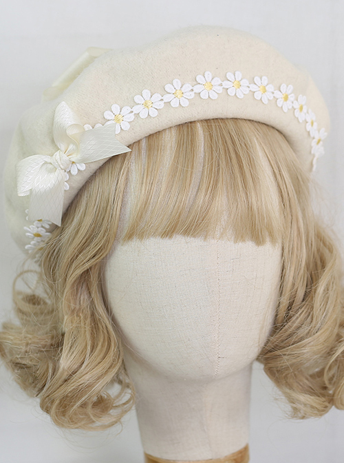 Mori Style Daisy Lace Bowknot Beige Beret Classic Lolita Hat