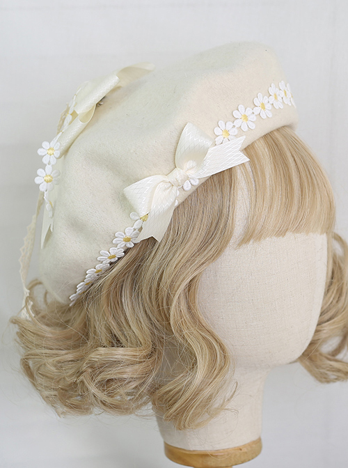 Mori Style Daisy Lace Bowknot Beige Beret Classic Lolita Hat