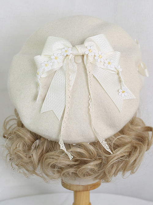 Mori Style Daisy Lace Bowknot Beige Beret Classic Lolita Hat