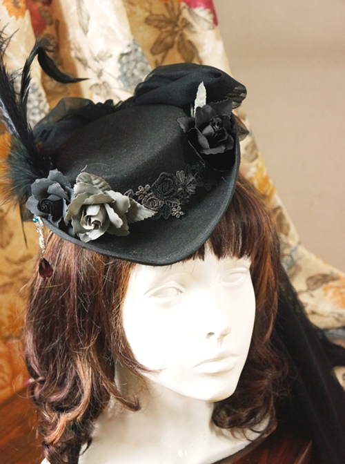 *Lady In Black* Series Retro Wool Gothic Lolita Feather Top Hat