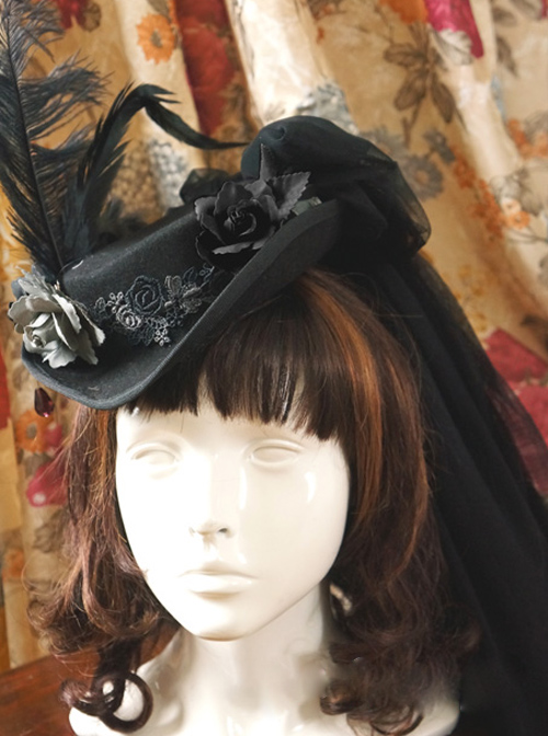 *Lady In Black* Series Retro Wool Gothic Lolita Feather Top Hat