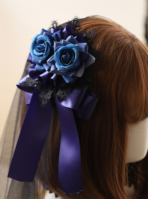 Black Lace Blue Rose Elegant Gothic Lolita Hair Clip