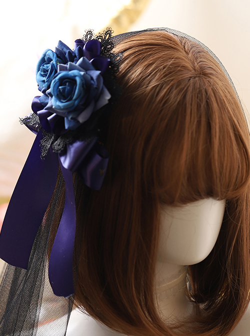 Black Lace Blue Rose Elegant Gothic Lolita Hair Clip