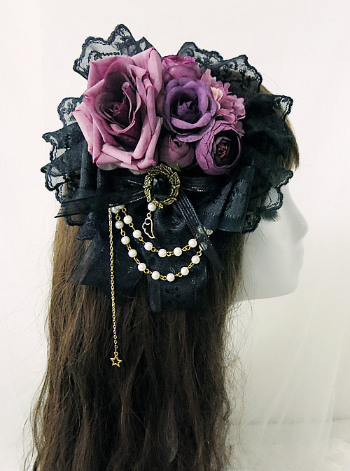 Multicolor Rose Lace Bead Chain Elegant Gothic Lolita Hair Clip