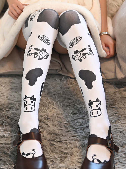 Cute Milk Cow Printing Black And White Spots Printing Sweet Lolita Stockings