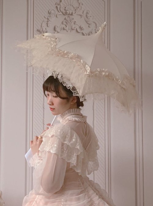 Rose Pavilion Series Pagoda Shape White Classic Lolita Lace Long Umbrella