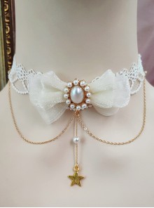 White Lace Bowknot Pearl Star Pendant Classic Lolita Necklace