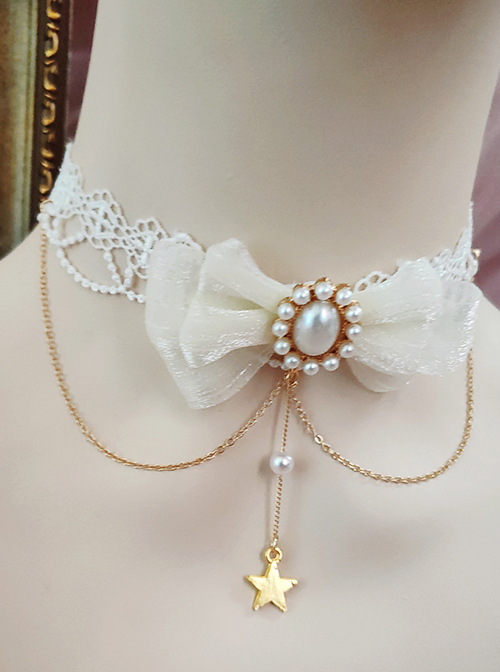 White Lace Bowknot Pearl Star Pendant Classic Lolita Necklace