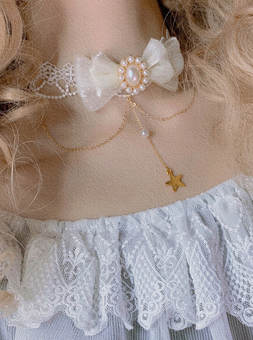 White Lace Bowknot Pearl Star Pendant Classic Lolita Necklace