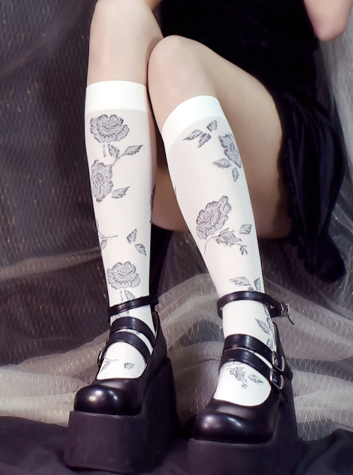 Vintage Rose Jacquard Darkness Gothic Lolita Socks