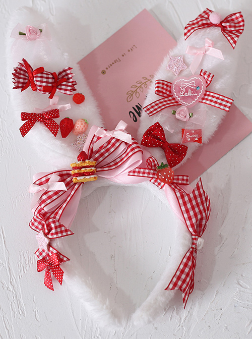 Strawberry Candy Bowknot Rabbit Ears KC Sweet Lolita Headband