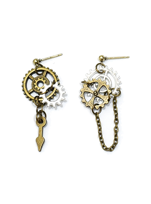 Mechanical Gear Asymmetry Design Metal Chain Punk Lolita Earrings