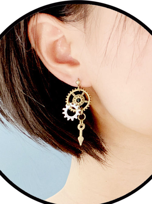 Mechanical Gear Asymmetry Design Metal Chain Punk Lolita Earrings