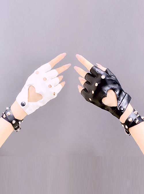 Heart Shape Hollow Out PU Leather Punk Lolita Half Finger Gloves