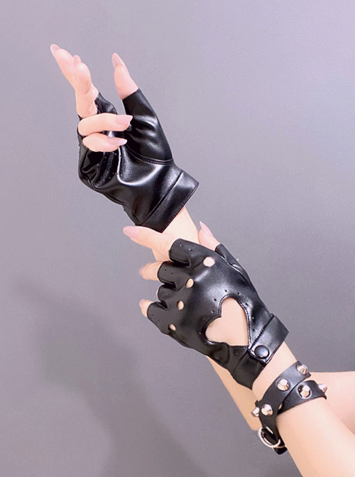 Heart Shape Hollow Out PU Leather Punk Lolita Half Finger Gloves