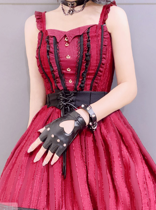 Heart Shape Hollow Out PU Leather Punk Lolita Half Finger Gloves