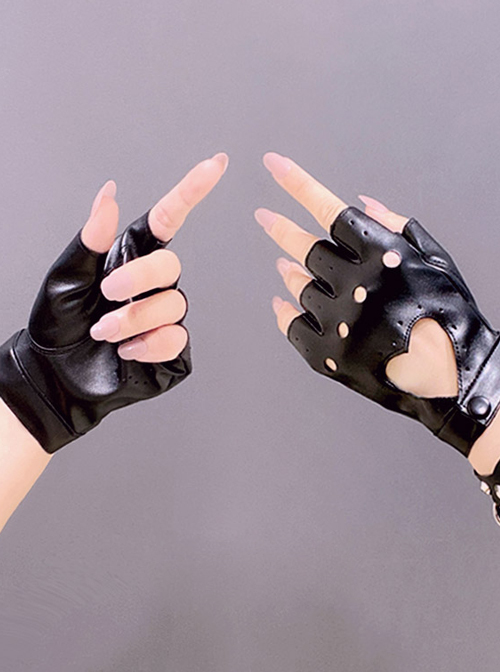 Heart Shape Hollow Out PU Leather Punk Lolita Half Finger Gloves