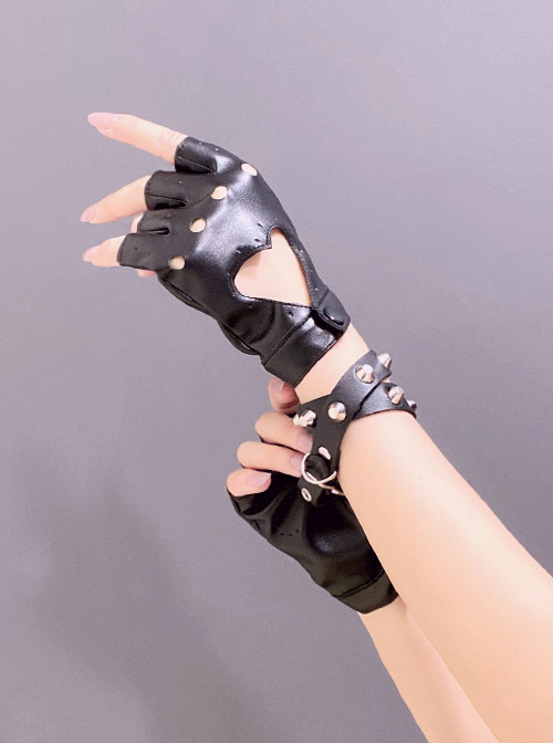 1pair Women Hollow Out Studded Decor Punk Fingerless Gloves, For Party