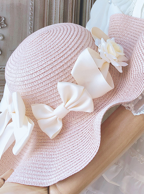 Romantic Elegant Long Ribbon Bowknot Straw Hat Classic Lolita Hat