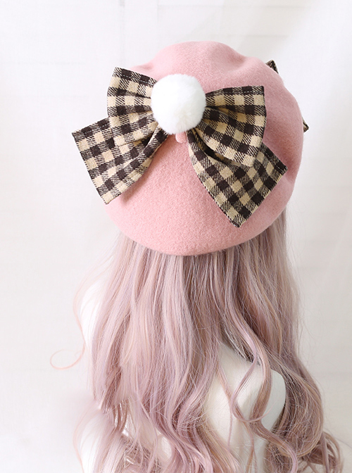 Plaid Bowknot Winter Multicolor Beret Sweet Lolita Hat