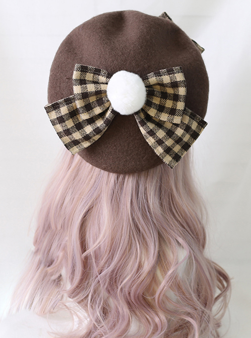 Plaid Bowknot Winter Multicolor Beret Sweet Lolita Hat