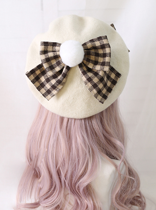 Plaid Bowknot Winter Multicolor Beret Sweet Lolita Hat