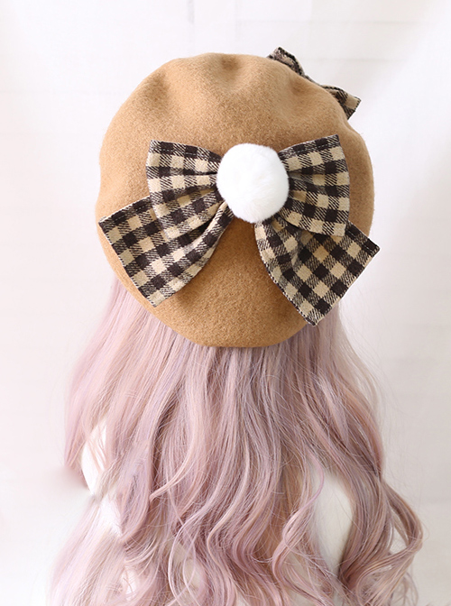 Plaid Bowknot Winter Multicolor Beret Sweet Lolita Hat