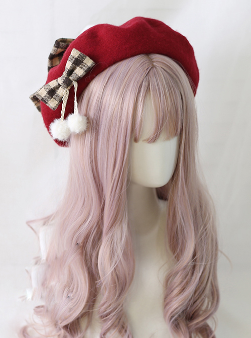 Plaid Bowknot Winter Multicolor Beret Sweet Lolita Hat