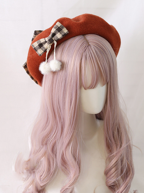 Plaid Bowknot Winter Multicolor Beret Sweet Lolita Hat