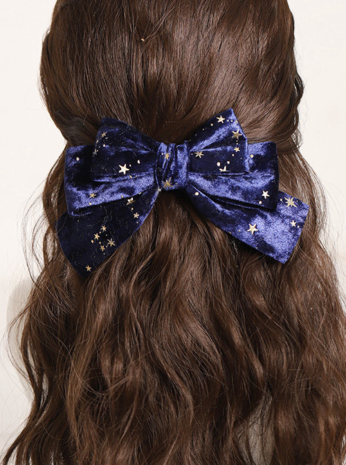 Gilding Starry Sky Flocking Big Bowknot Spring Clip Classic Lolita Hair Pin