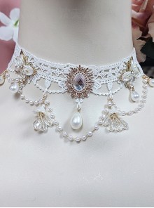 White Lace Water Drop Pearl Crystal Fairy Classic Lolita Necklace