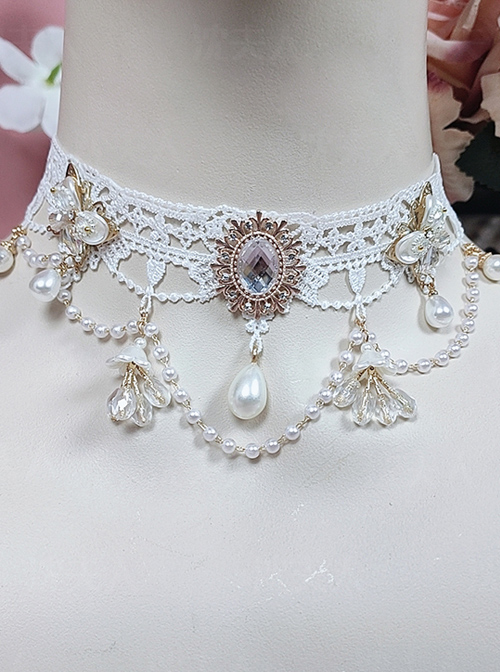 White Lace Water Drop Pearl Crystal Fairy Classic Lolita Necklace