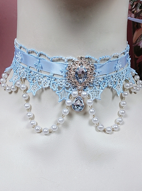Fairy Blue Water Drop Crystal Classic Lolita Star Lace Necklace