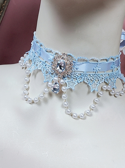 Fairy Blue Water Drop Crystal Classic Lolita Star Lace Necklace