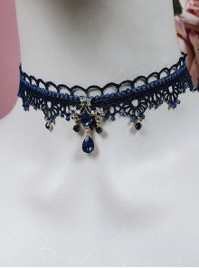 Dark Blue Lace Choker Water Drop Gem Classic Lolita Necklace