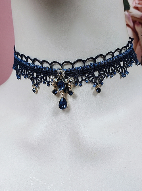 Dark Blue Lace Choker Water Drop Gem Classic Lolita Necklace