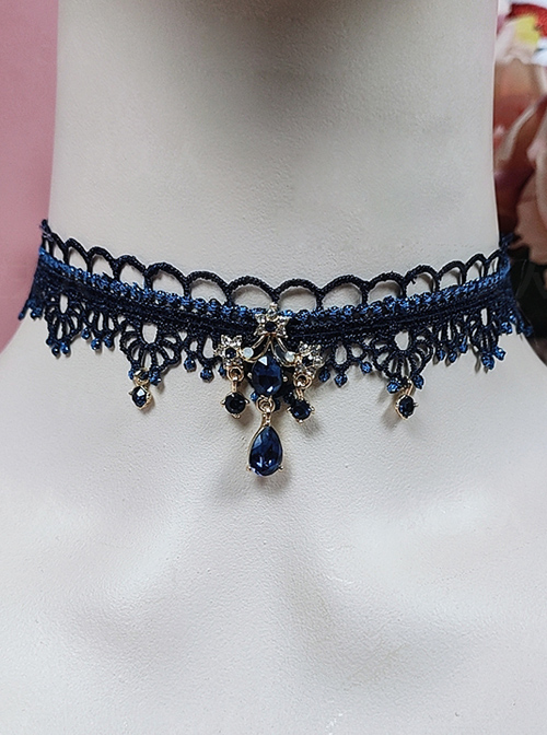 Dark Blue Lace Choker Water Drop Gem Classic Lolita Necklace