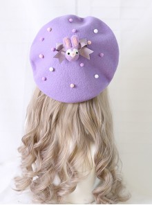 Purple Rabbit Autumn Winter Woolen Cloth Beret Sweet Lolita Bowknot Rabbit Brooch Hat