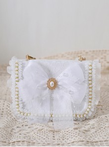 White Tulle Bowknot Elegant Pearl Handbag Metal Chain Shoulder Bag