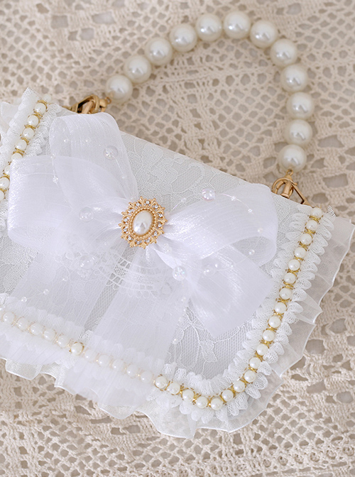 White Tulle Bowknot Elegant Pearl Handbag Metal Chain Shoulder Bag