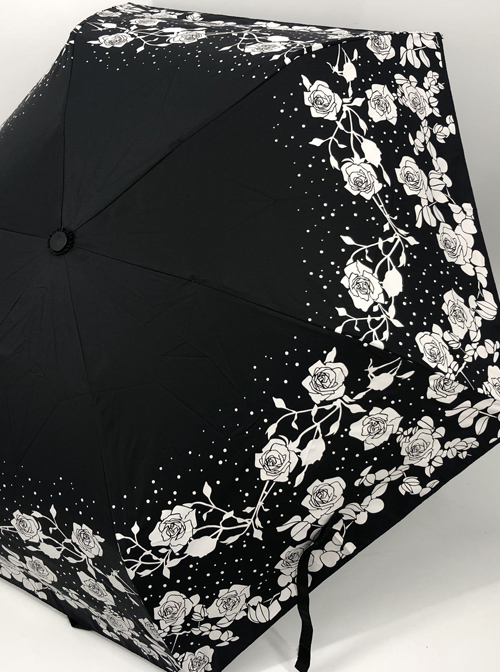 White Rose Black Umbrella Surface Gothic Lolita Silver Glue Sunshade Tri-fold Umbrella