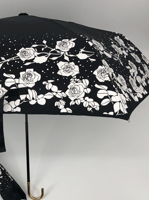 White Rose Black Umbrella Surface Gothic Lolita Silver Glue Sunshade Tri-fold Umbrella