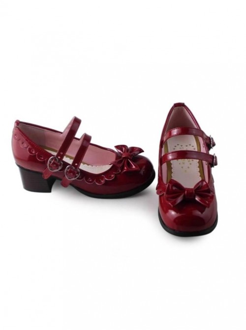 Wine red mirror princess Lolita lovely bow heels