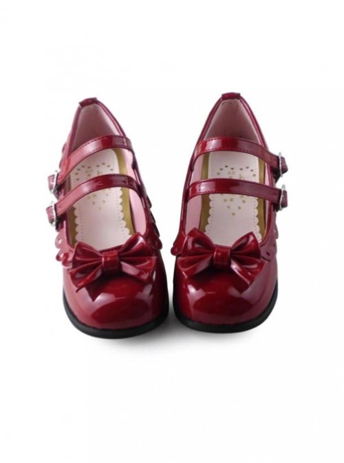 Wine red mirror princess Lolita lovely bow heels