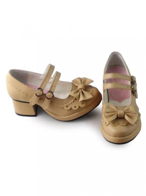 Beige Matt Princess Lolita high heel shoes with cute bows