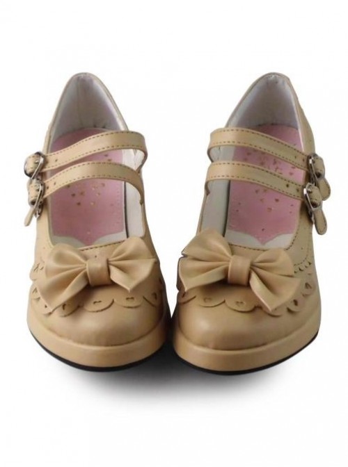 Beige Matt Princess Lolita high heel shoes with cute bows