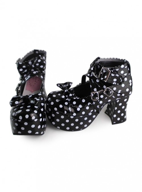 Black Bottom White Wave Point High Heel Bowknot Lolita Princess Shoes