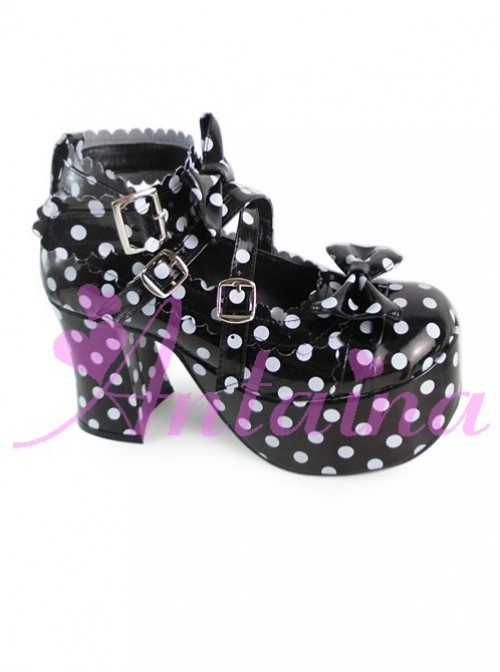 Black Bottom White Wave Point High Heel Bowknot Lolita Princess Shoes